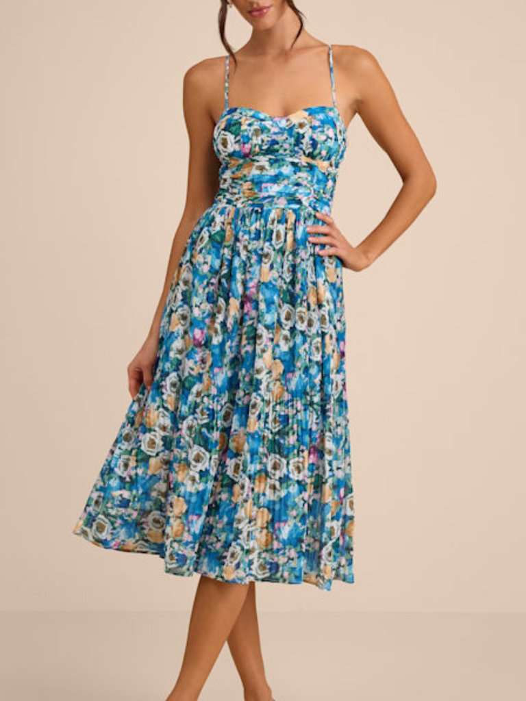 Lulus Aleyna Blue Multi Abstract Pleated Lace-Up Bustier Midi Dress - Size L